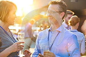 Smiling mature business colleagues talking at rooftop during success party