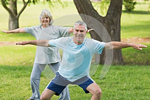 Smiling mature couple exercising at park