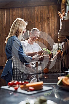 Smiling mature couple packing food for picnic