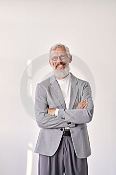 Smiling mature older business man isolated on white vertical portrait.