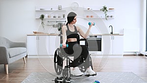 Smiling mature person increasing endurance while doing exercise with disability.