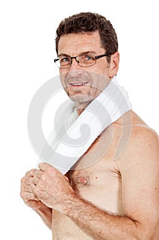 Smiling mature sporty man with towel fittness sport health isolated