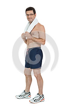 Smiling mature sporty man with towel fittness sport health isolated