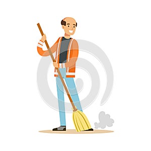 Smiling mature street sweeper at work, street cleaner character vector Illustration photo