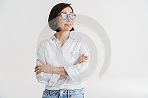 Smiling mature white woman in white shirt and glasses