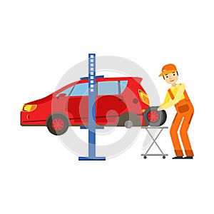 Smiling Mechanic Changing A Tire In The Garage, Car Repair Workshop Service Illustration