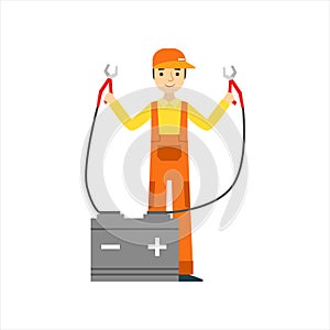 Smiling Mechanic Charging The Battery In The Garage, Car Repair Workshop Service Illustration