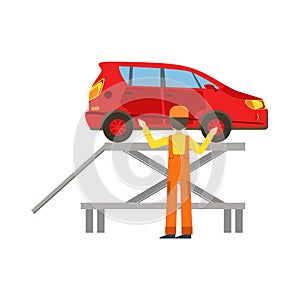 Smiling Mechanic Checking The Vehicle In The Garage, Car Repair Workshop Service Illustration