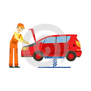 Smiling Mechanic Looking At Engine In The Garage, Car Repair Workshop Service Illustration