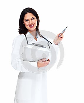 Smiling medical doctor woman with stethoscope.