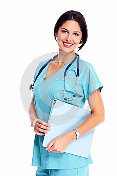 Smiling medical doctor woman with stethoscope.