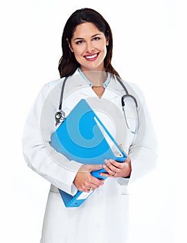 Smiling medical doctor woman with stethoscope.