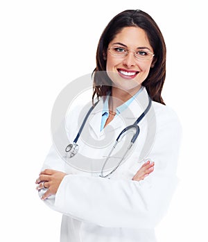 Smiling medical doctor woman with stethoscope.