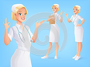 Smiling medical nurse in uniform in various poses. Vector set.