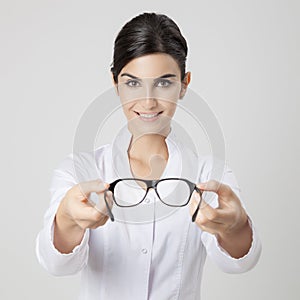 Smiling medical oculist woman.