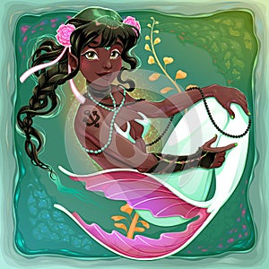 Smiling mermaid with white fish tail