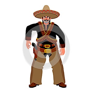 A smiling Mexican gunfighter in a sombrero. Funny character from the Wild West. A desperate duelist.