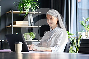 Smiling mid age businesswoman ceo manager working typing using pc laptop.