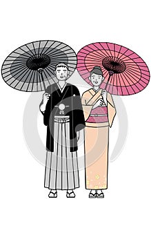 Smiling middle-aged couple in kimonos with Japanese umbrellas on their New Year\'s New Year\'s visit and sightseeing