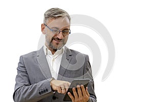 Smiling Middle Aged Man With Digital Tablet Isolated on White Background