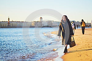 Smiling middle aged woman in St. Petersburg, Russia on a winter day