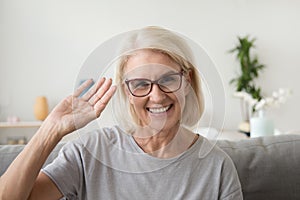 Smiling middle aged woman waving hand looking at camera, portrai