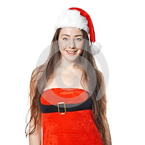 Smiling miss santa wearing sexy christmas costume