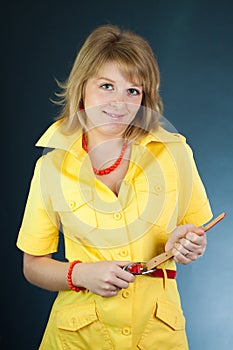 Smiling model in a yellow dress