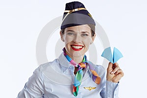 smiling modern air hostess woman on white