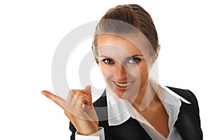 Smiling modern business woman pointing finger