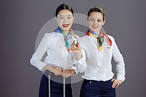 smiling modern female stewardesses isolated on grey