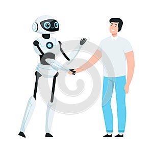 Smiling Modern Humanoid or Robotic Device Shaking Hands with Man Vector Illustration