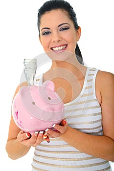 Smiling Mom Holding Piggy Bank