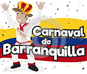 Smiling Momo King with Confetti in Barranquilla`s Carnival Celebration, Vector Illustration