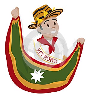 Smiling Momo King with sombrero vueltiao holding the Barranquilla`s flag, Vector illustration