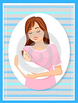 Smiling mother with baby on hands or newborn, motherhood parenthood, parent holding sleeping baby