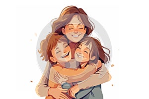 smiling mother embracing her children in a warm and joyful moment, all set against a clean white background