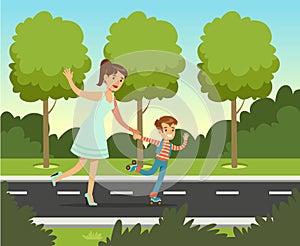 Smiling mother with her son roller skating in summer park outside, family leisure vector illustration