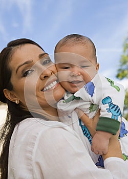 Smiling Mother Holding Baby Boy