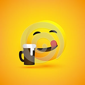 Smiling, Mouth Licking Emoji Enjoying the Taste of the Frothy Drink - Simple Shiny Happy Emoticon with Beer Mug