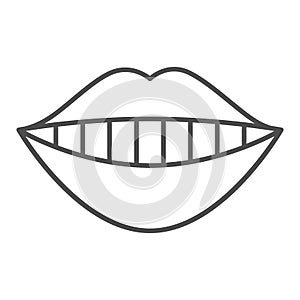 Smiling mouth thin line icon. Lips and teeth, dental smile with white tooth symbol, outline style pictogram on white