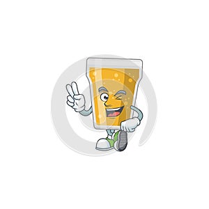 Smiling mug of beer cartoon mascot style with two fingers