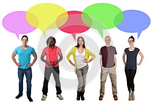 Smiling multi ethnic group of people talking speaking saying speech bubble copyspace