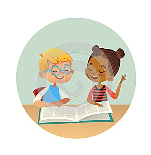 Smiling multiracial boy and girl reading books and talking to each other at school library. School kids discussing