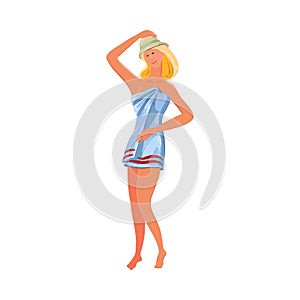 Smiling naked woman in towel standing in bathhouse vector illustration