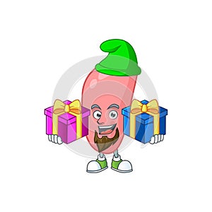 A smiling neisseria gonorhoeae cartoon design having Christmas gifts