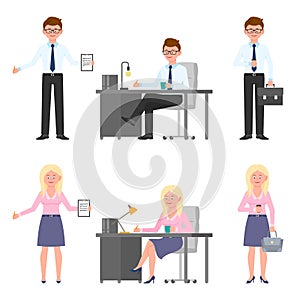 Smiling, nice office worker man and woman vector. Front view standing, writing notes, sitting at desk boy, girl cartoon character