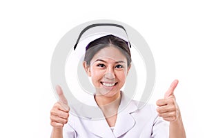 Smiling nurse giving two thumbs up hand sign