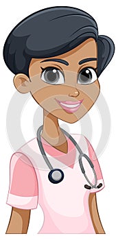 A smiling nurse in pink scrubs