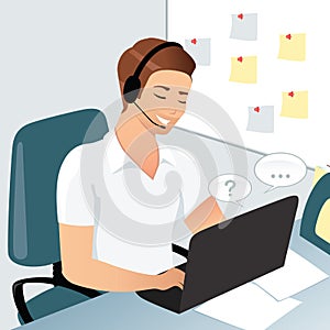 A smiling office man or a call center employee answers questions in a chat room, workplace
